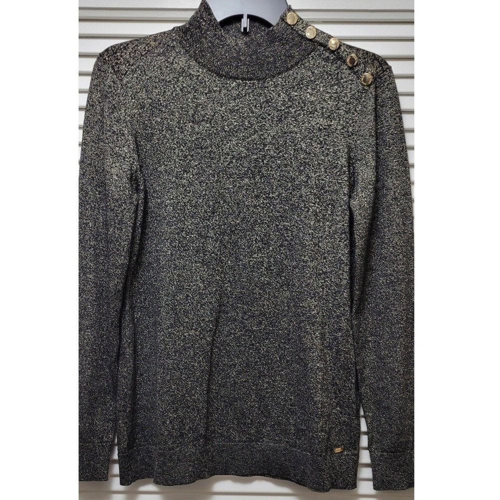 Womens Black Gold Metallic Sweater Small Classy Shimmer dressy Calvin Klein